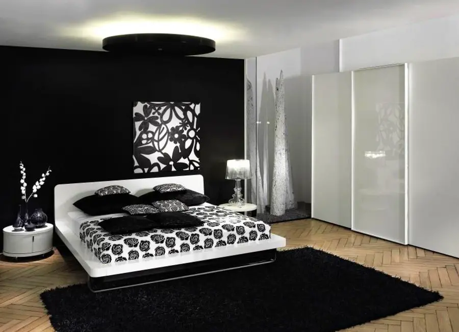 Black Bedroom with White Shelves