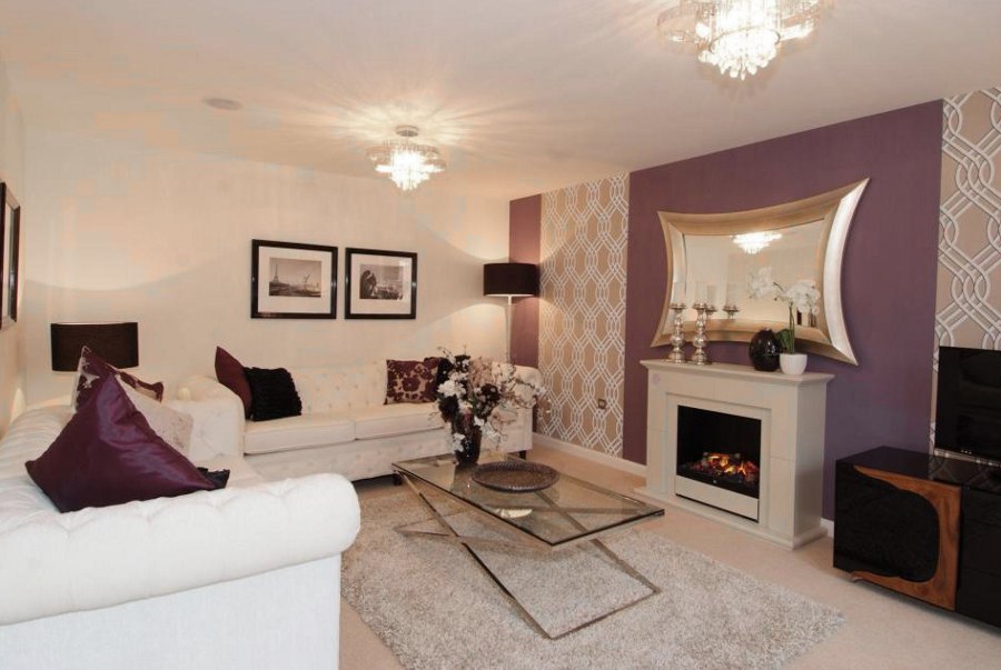 Purple Patterns Living Room with Fireplace