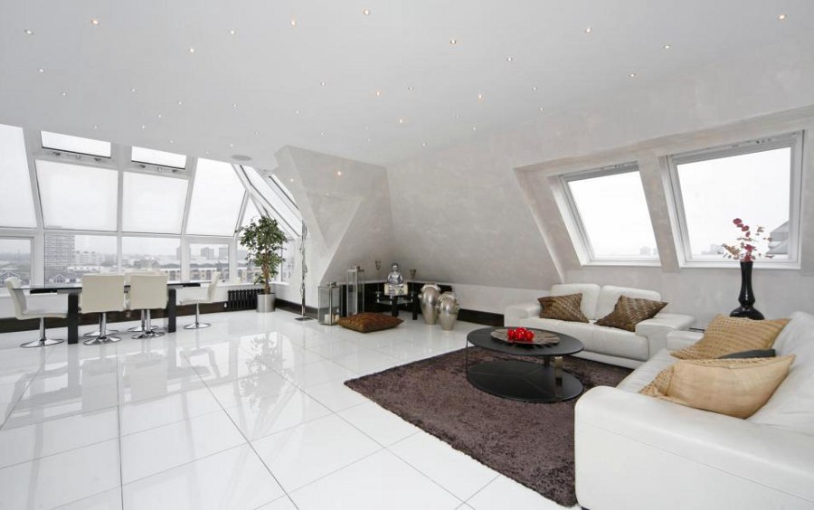 White Living Room with While Glossy Floor