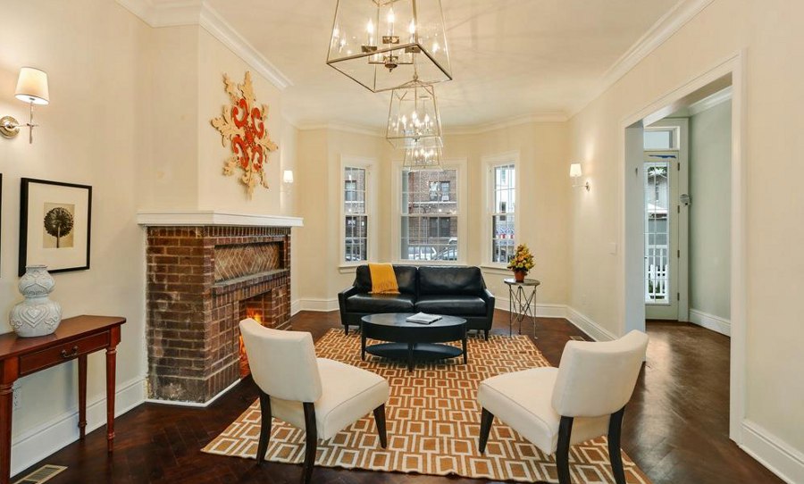 Yellow Shade Living Room with Fireplace