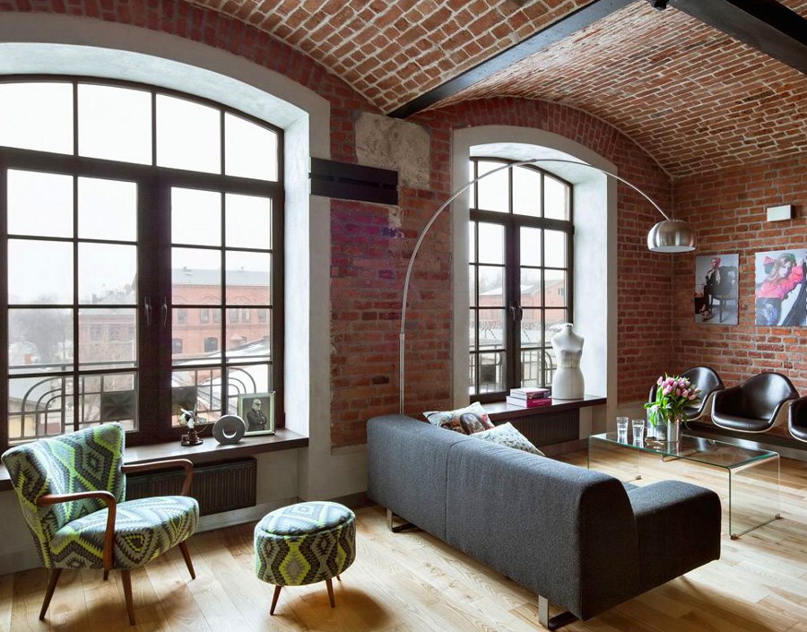 red brick wall living room