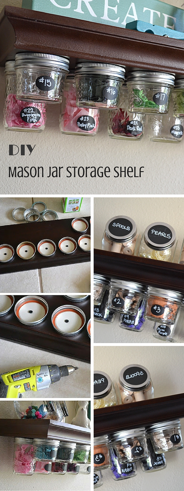 Check out the tutorial:  Mason Jar Storage Shelf 