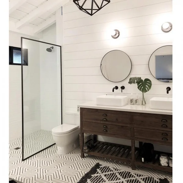 Riad Tile on Instagram: “Who loves this bathroom as much as I do???? Amazing bathroom renovation by @bantzhaus in Bakersfield, CA.  He used our Maya White pattern…”    