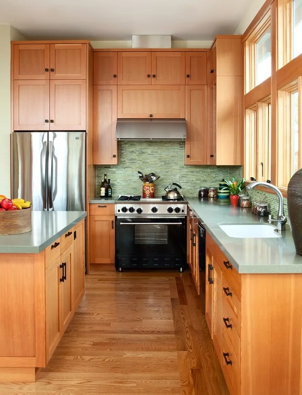 Medium tone wood shaker cabinets 