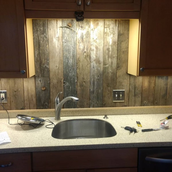 Ron Stubbs on Instagram: “Camp365 is getting a rustic touch in the kitchen! #lakehousemaine #lakehouse #repurposing #barnboards#rusticbacksplash #kitchenremodel” 