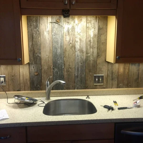 Ron Stubbs on Instagram: “Camp365 is getting a rustic touch in the kitchen! #lakehousemaine #lakehouse #repurposing #barnboards#rusticbacksplash #kitchenremodel”