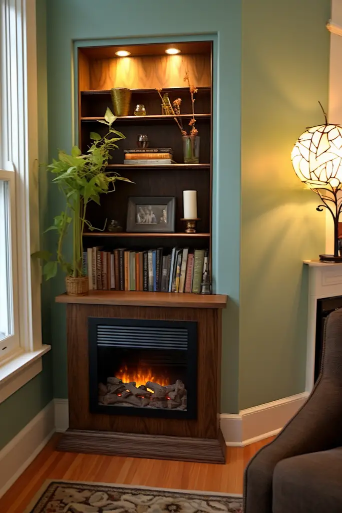 corner fireplace with bookcase