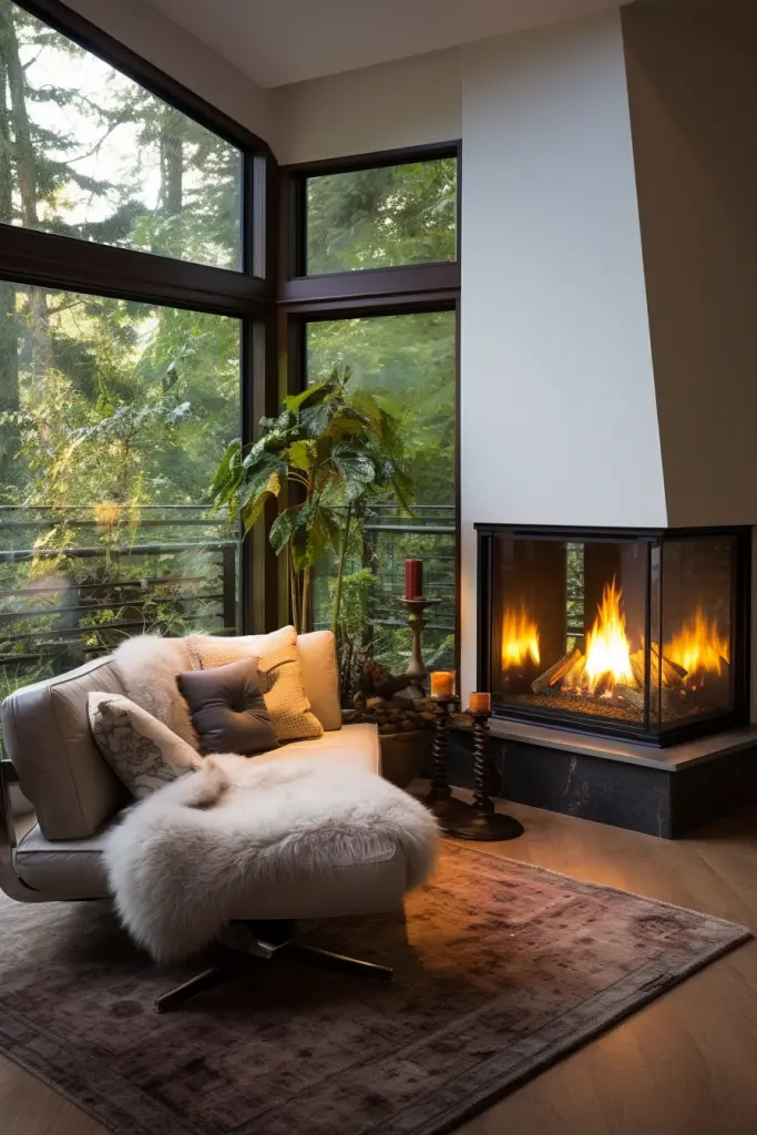 corner fireplace with glass doors
