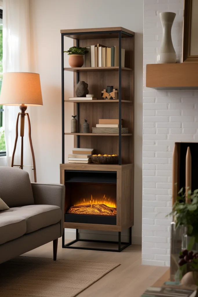corner fireplace with shelves