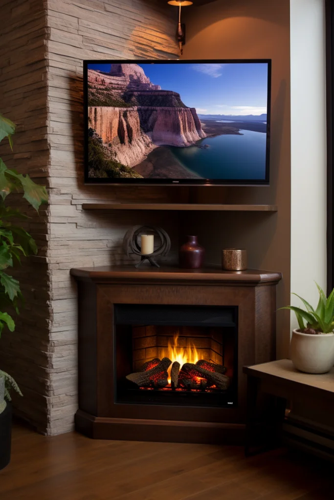 corner fireplace with tv above