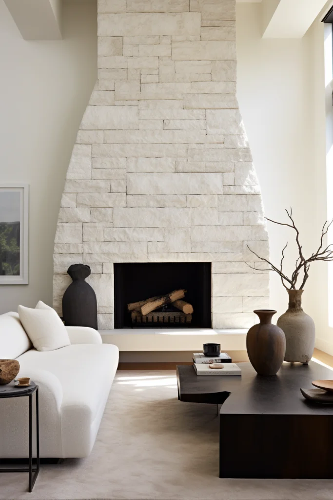 corner white stone fireplace