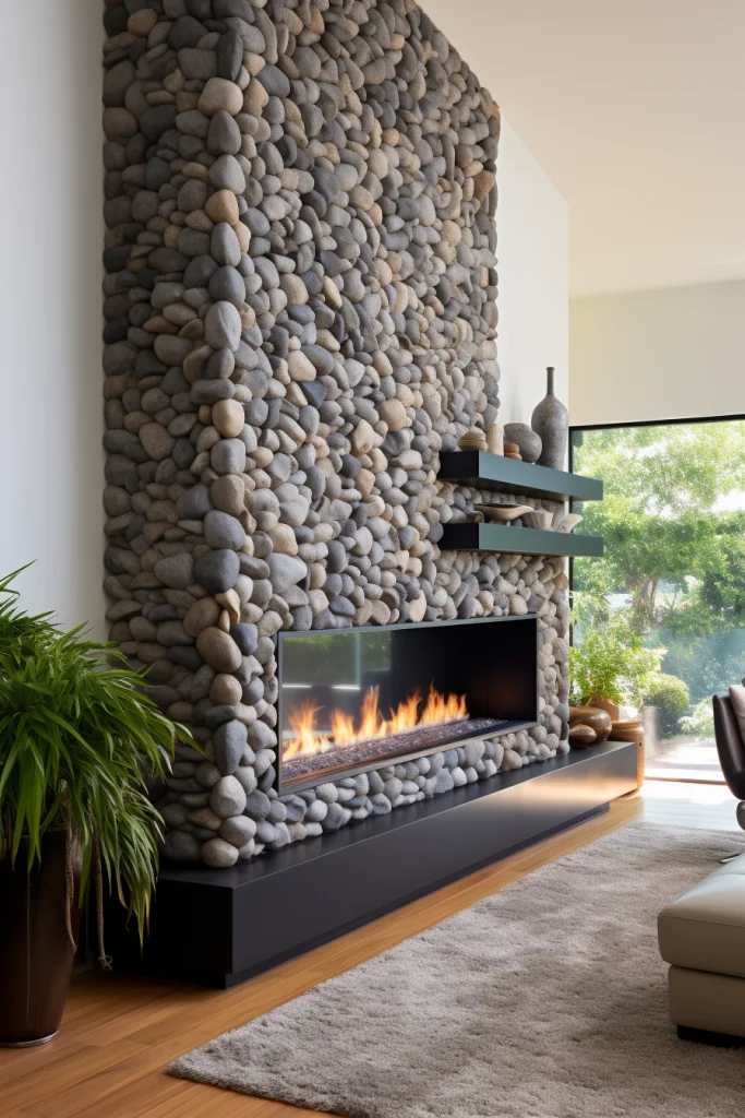 modern fireplace with river rock surrounds