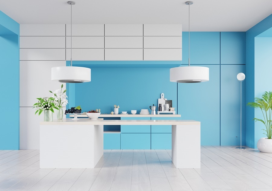 blue accent wall kitchen