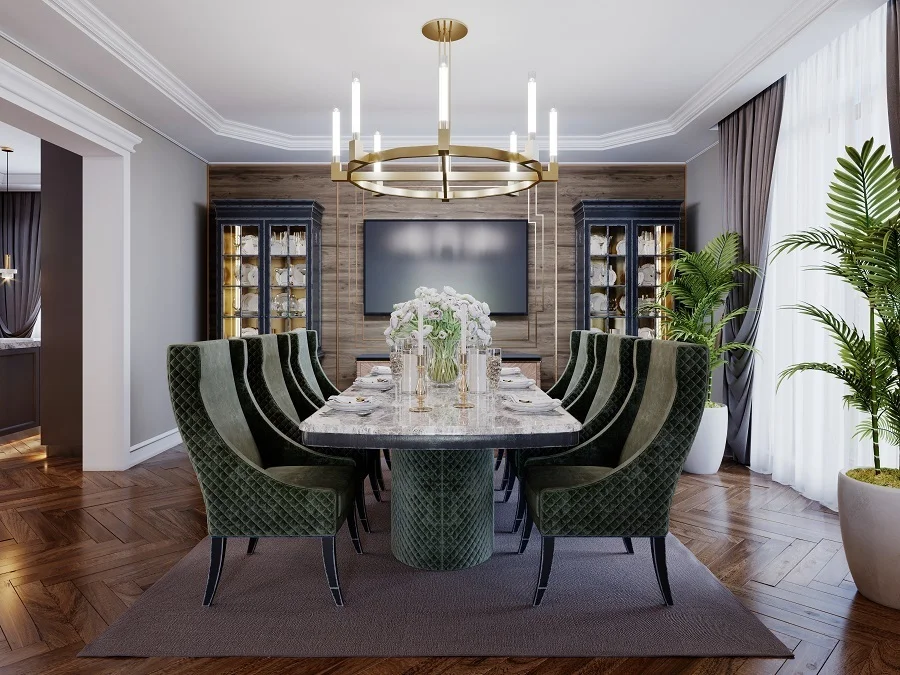 dining room with glass cabinets