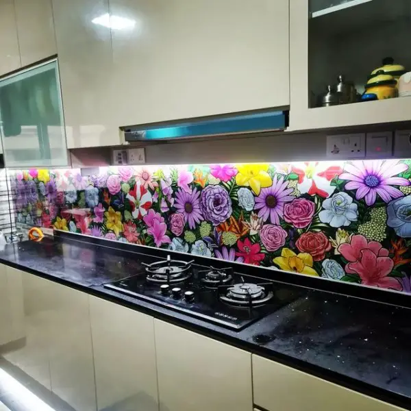 KensoArt Floral Design Art Glass Backsplash kitchen with glass backsplash