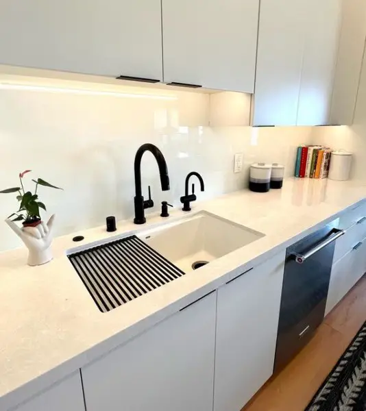 All-White Kitchen with Painted Glass Backsplash kitchen with glass backsplash
