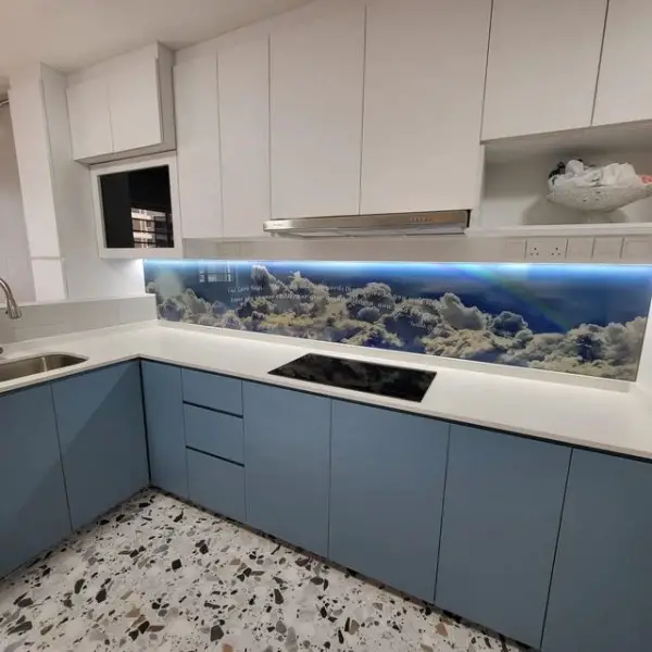 Sky Design with Bible Quote Art Glass Backsplash kitchen with glass backsplash