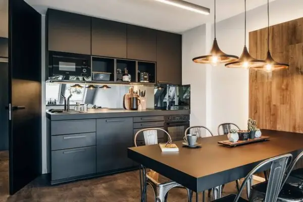 Modern mountain lodge apartment renovation kitchen with mirror backsplash