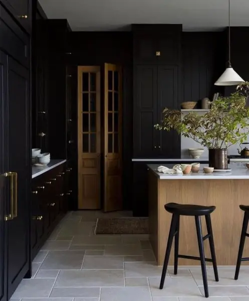 Contrasting Black and Pale Oak Kitchen Cabinets black kitchen cabinets