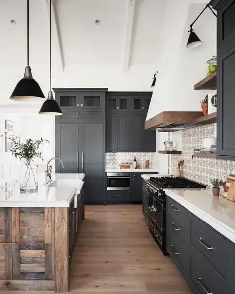 Black, White, and Wood Kitchen black kitchen cabinets