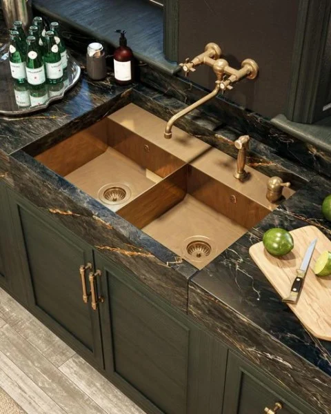 Shine Black Stone Countertop with Burnished Brass Finish double farmhouse sink