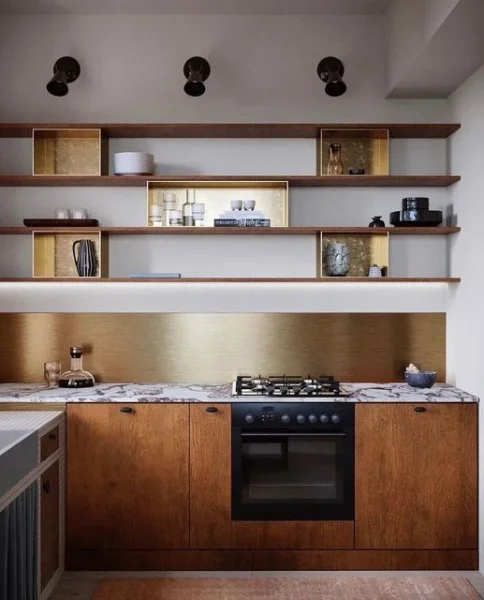 Cara + Co. Studio kitchen with open shelving