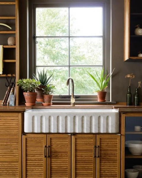 Marble Sink with Fluted Front and Honed Finish oak kitchen cabinets