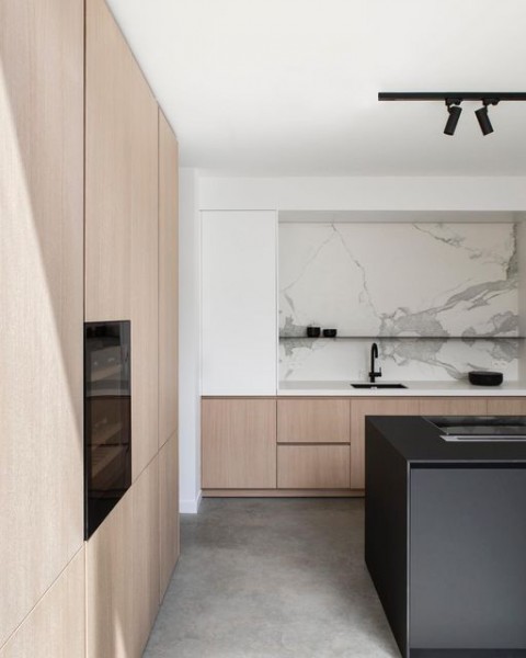 Light Oak, Concrete and Matt Black Joinery oak kitchen cabinets