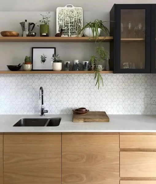 Scandi Design with Exposed Oak Doors and Solid Oak Floating Shelving oak kitchen cabinets