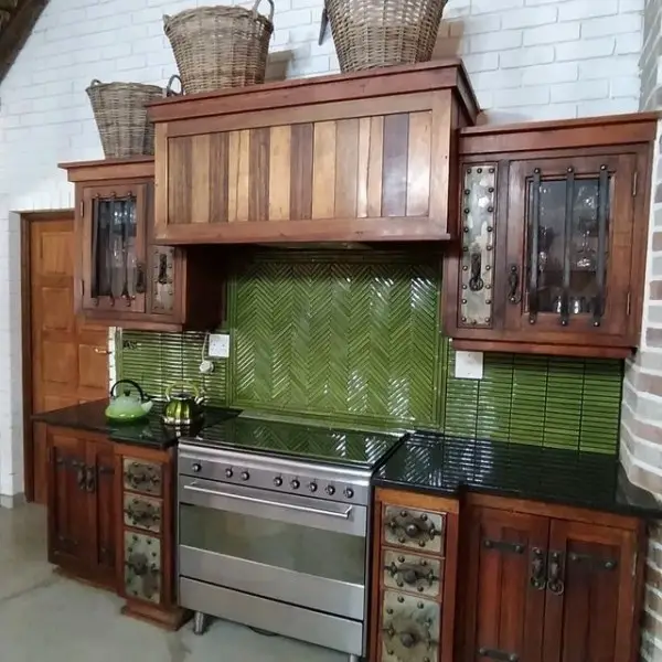 Herringbone green kitchen splashback kitchen with mosaic tiles