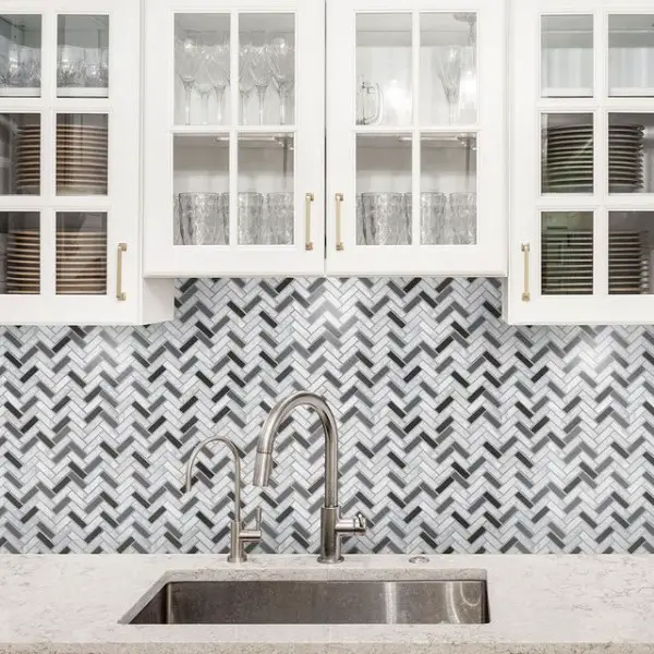 Black n White Herringbone Mosaic kitchen with mosaic tiles
