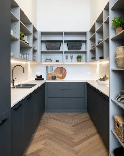 Butler's Pantry with Charcoal Nuance Joinery and Cloudburst Concrete Benchtop and Splash kitchen with no window