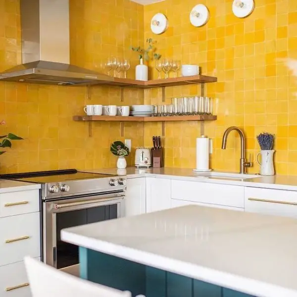 Cadmium 4x4 Zellige Backsplash kitchen with yellow walls
