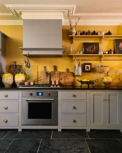 Mediterranean-Inspired Shaker Kitchen kitchen with yellow walls