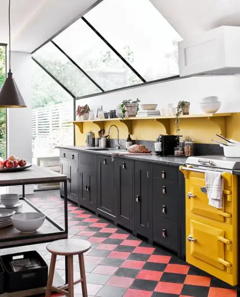 Neptune Home Official Kitchen with Saffron Paint and Everhot 60 in Mustard Yellow Cooker kitchen with yellow walls