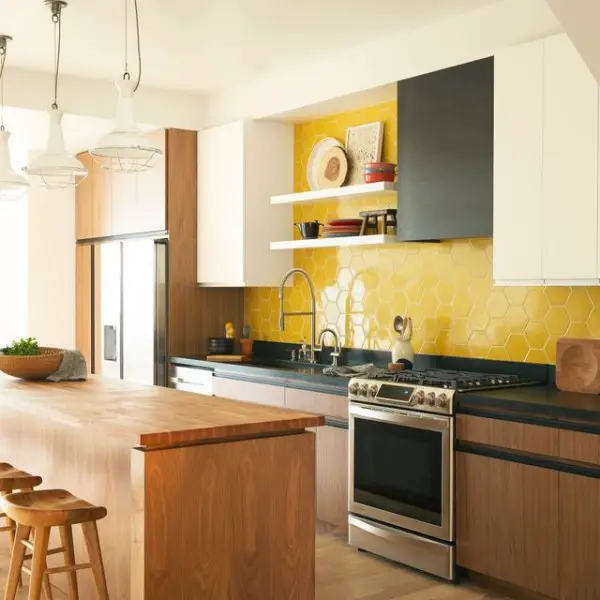 Fireclay Tile's Daffodil Glaze kitchen with yellow walls