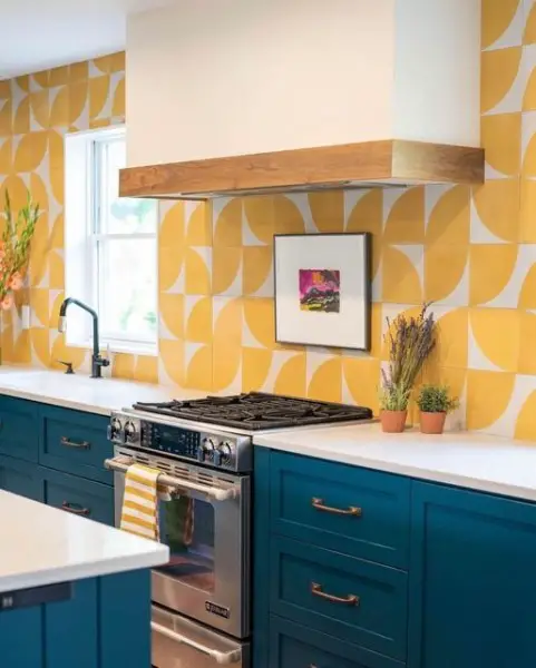 Bright Yellow and Cool Blue Color Scheme kitchen with yellow walls