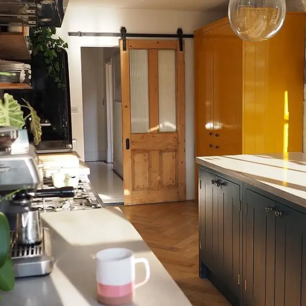 Navy & Mustard Kitchen: Victorian Renovation With Sliding Gloss Door And Concrete Countertops kitchen door