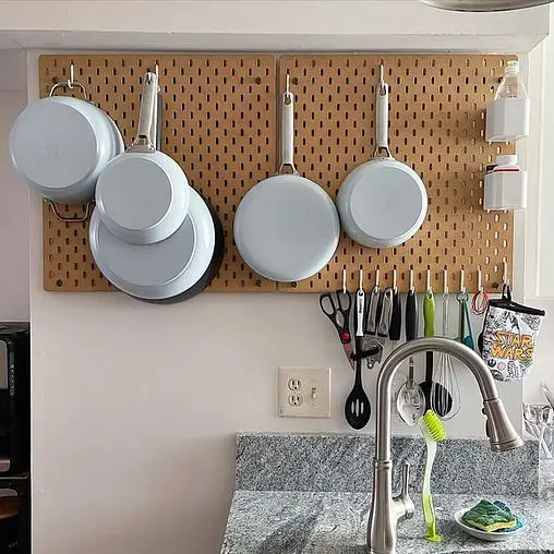 Powder Blue Nonstick Pans And Pegboard Love In Kitchen Decor kitchen pegboard