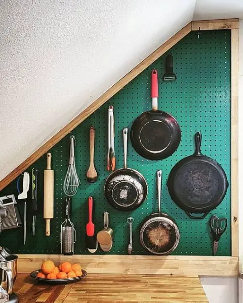 Cleverly Organized Kitchen Pegboard For A Tiny Slanted-Space Renovation kitchen pegboard