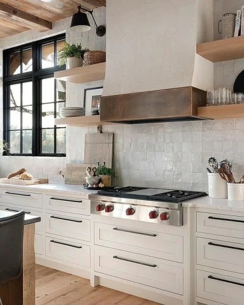 Handmade Tile-clad Range Hood In Neutral Modern Farmhouse Kitchen kitchen range hood