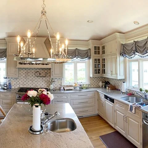 Luxurious Custom Kitchen Valance Design In Soft Hues Of Blue kitchen valance