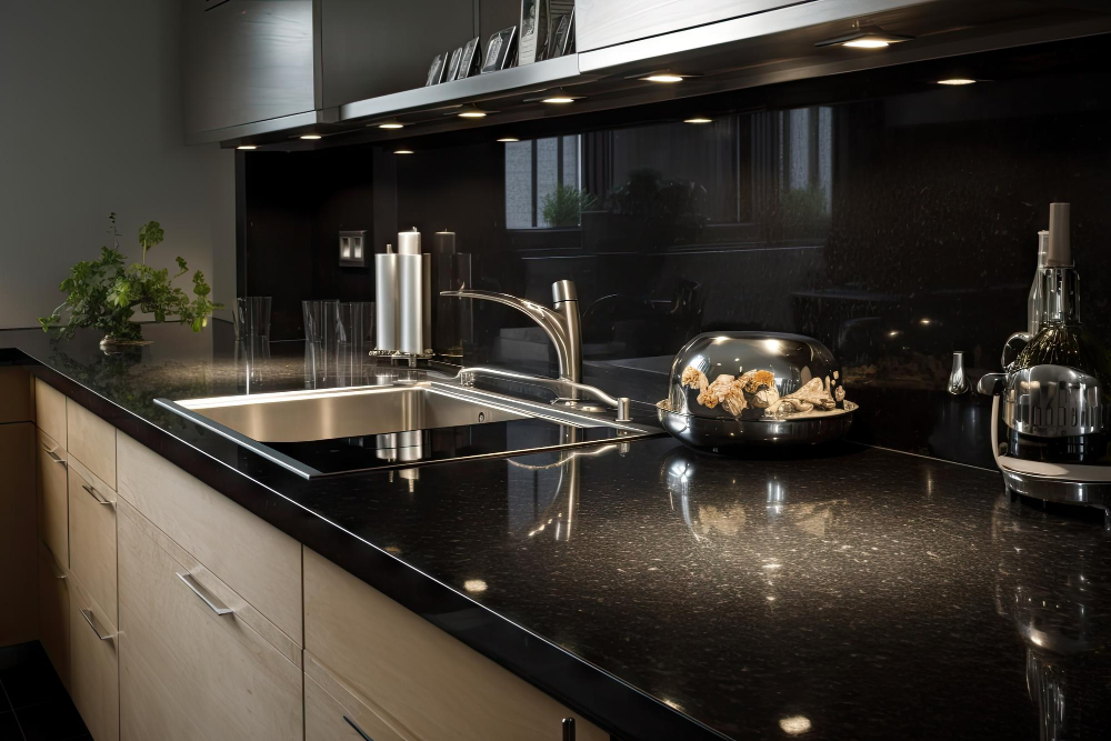 Black Granite Countertop with grey cabinet