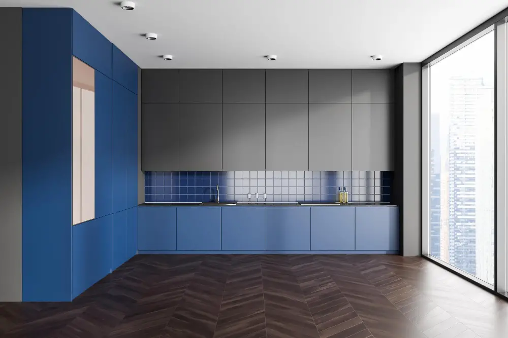 Grey Kitchen blue walls