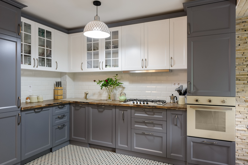 grey and wood kitchen