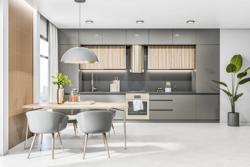 grey kitchen with color