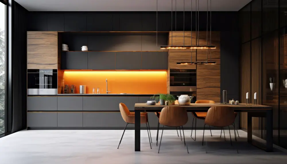 orange Walls With Grey Kitchen cabinet