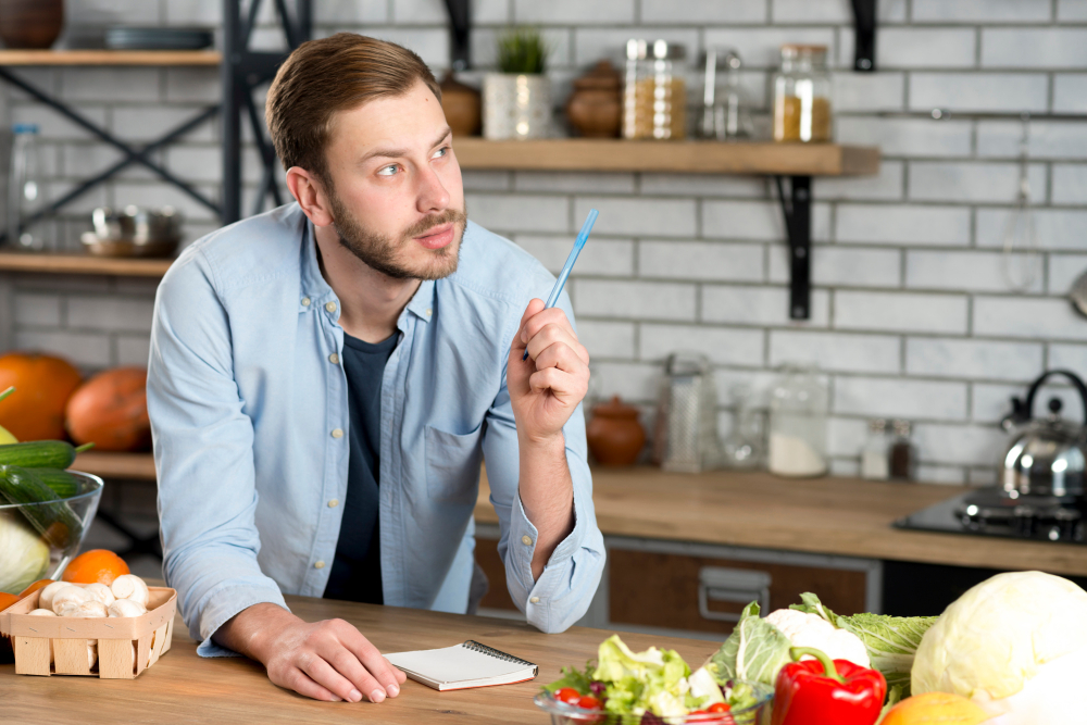 person thinking in kitchen