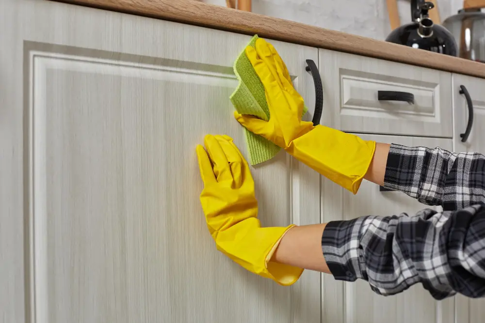 wiping kitchen cabinet