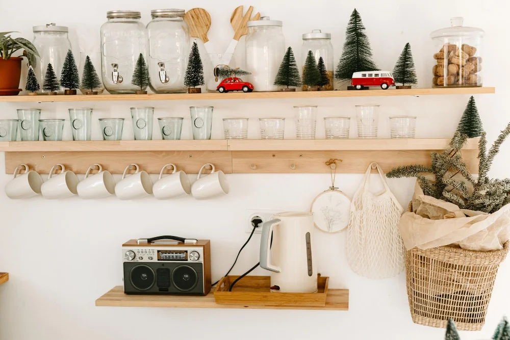 basket in kitchen shelves